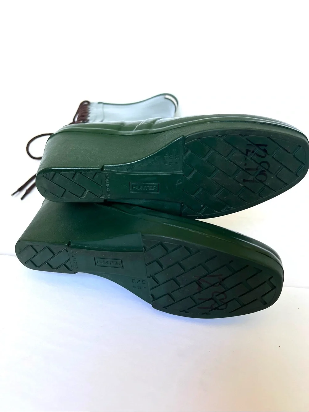 Hunter Dark Green Lace-Up Wedge Rain Boots
